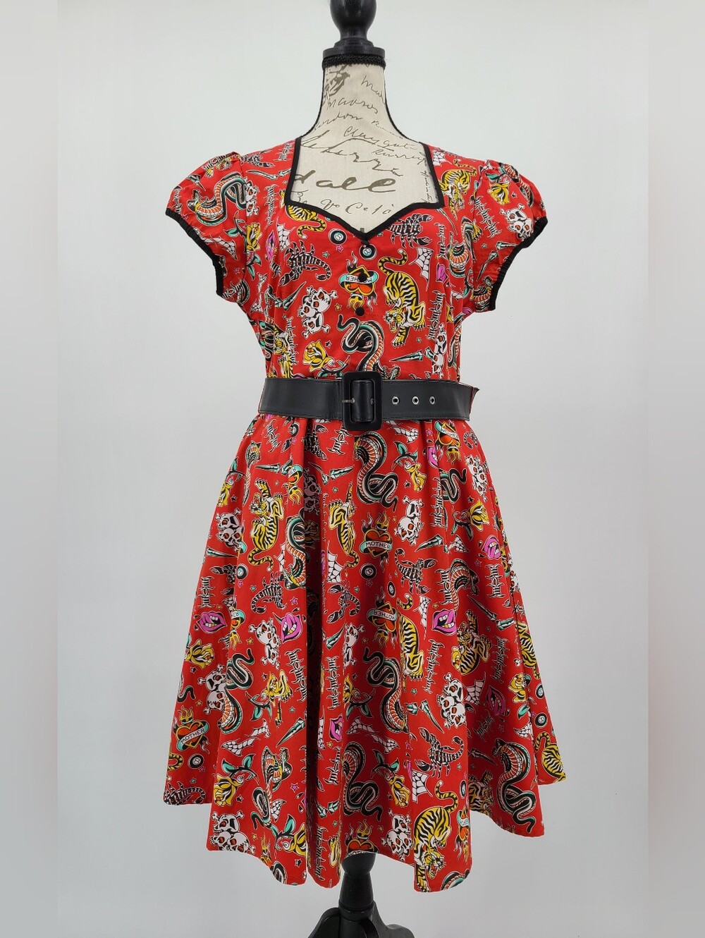 Modcloth Red Cotton Tattoo Print Fit & Flare Dress with Black Belt Size Medium